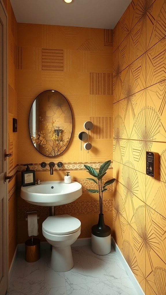 A small bathroom with ochre yellow walls featuring artistic patterns, a round mirror, a modern sink, and a plant.