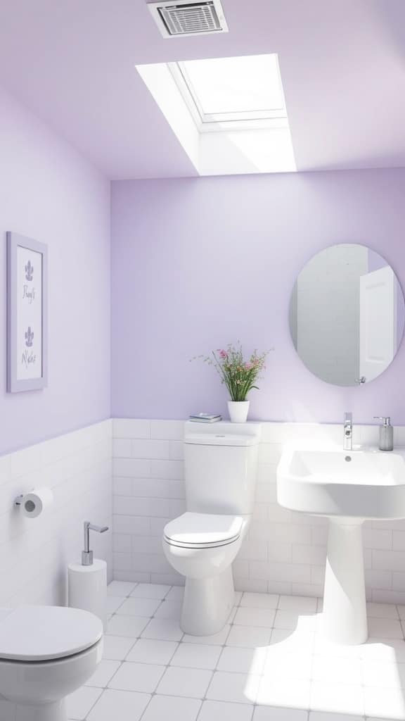 A minimalist lavender bathroom with white tiles and natural light.