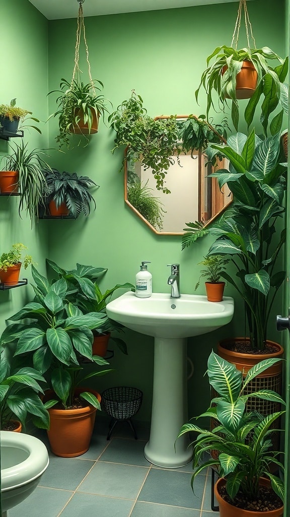A cozy green bathroom filled with various indoor plants, featuring a sink and mirror.
