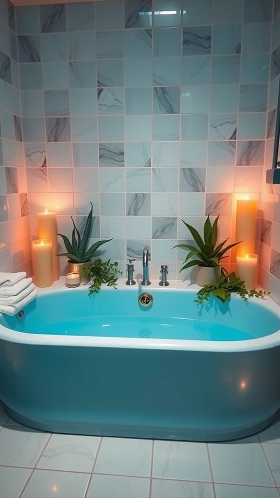 A calming blue bathtub surrounded by candles and plants in a serene bathroom setting.