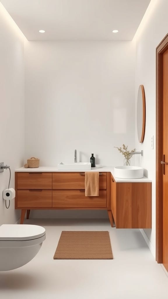 A minimalist mid-century beige bathroom featuring a wooden vanity, round mirror, and neutral decor.