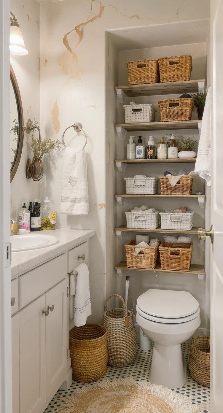 A small, stylish bathroom with floating shelves, a round mirror, and a woven basket for storage.