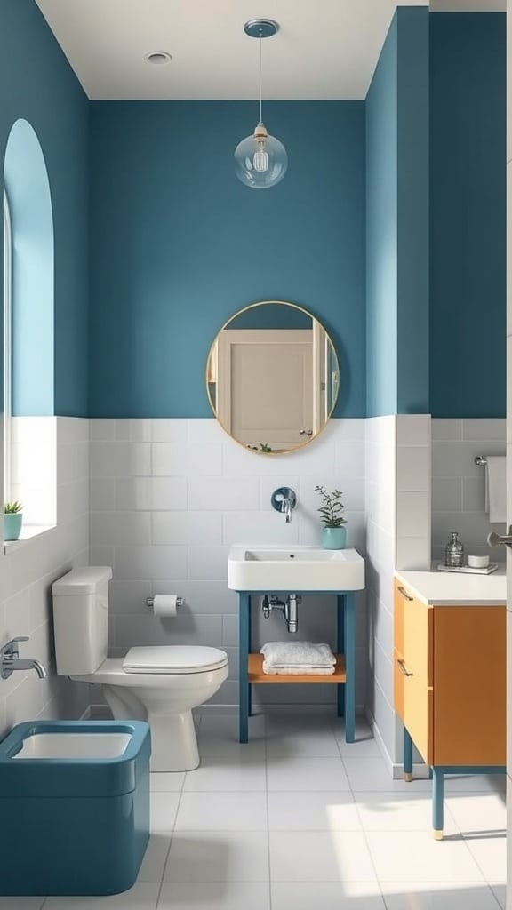 A peacock blue bathroom featuring blue walls, white tiles, a round mirror, and wooden accents.