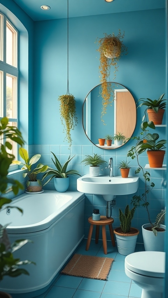 A bright blue bathroom with various indoor plants, including hanging and potted plants, creating a fresh and lively atmosphere.
