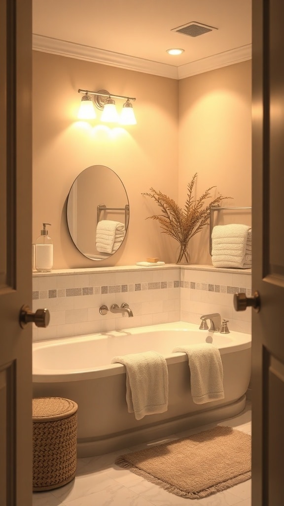 Cozy cream bathroom with warm neutral color palette, featuring a bathtub, round mirror, and natural decor.
