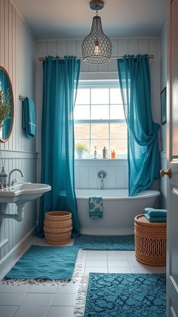 A bright bathroom featuring layered blue textiles, including curtains, bath mats, and towels, with a cozy and inviting atmosphere.