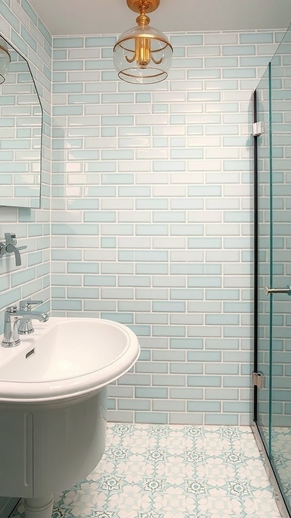 A bathroom featuring mint green wall tiles with white grout and hexagonal white floor tiles, showcasing a modern and elegant design.