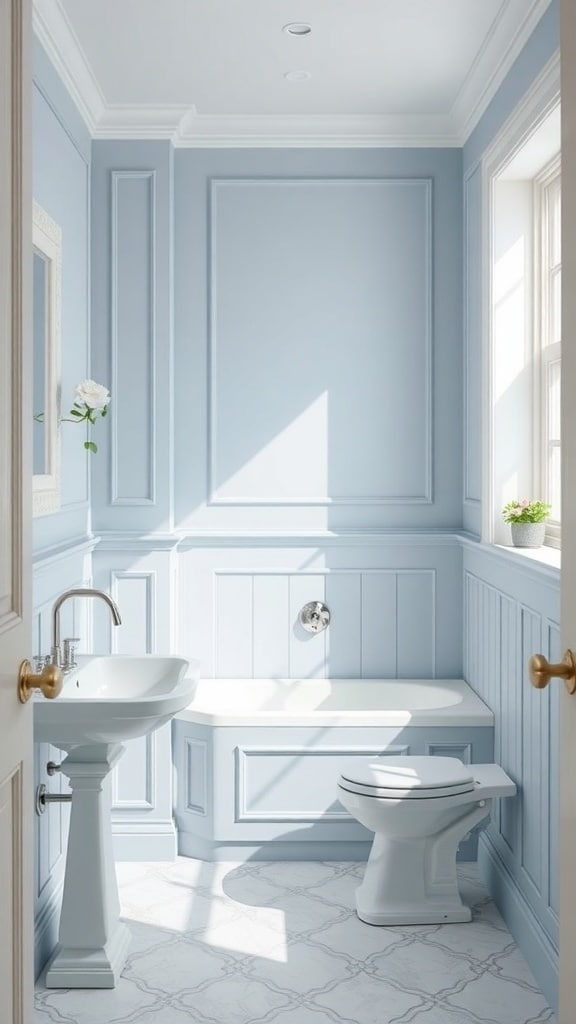 A light blue bathroom with elegant paneling, a pedestal sink, and a toilet, illuminated by natural light.
