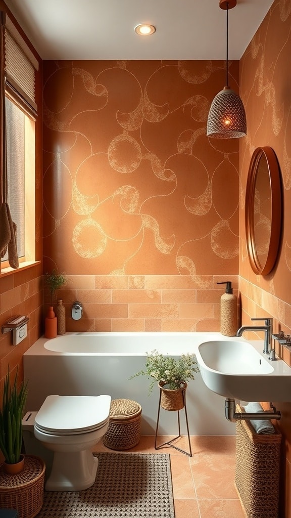 A modern bathroom with burnt sienna walls, featuring a bathtub, sink, and bohemian decor elements.