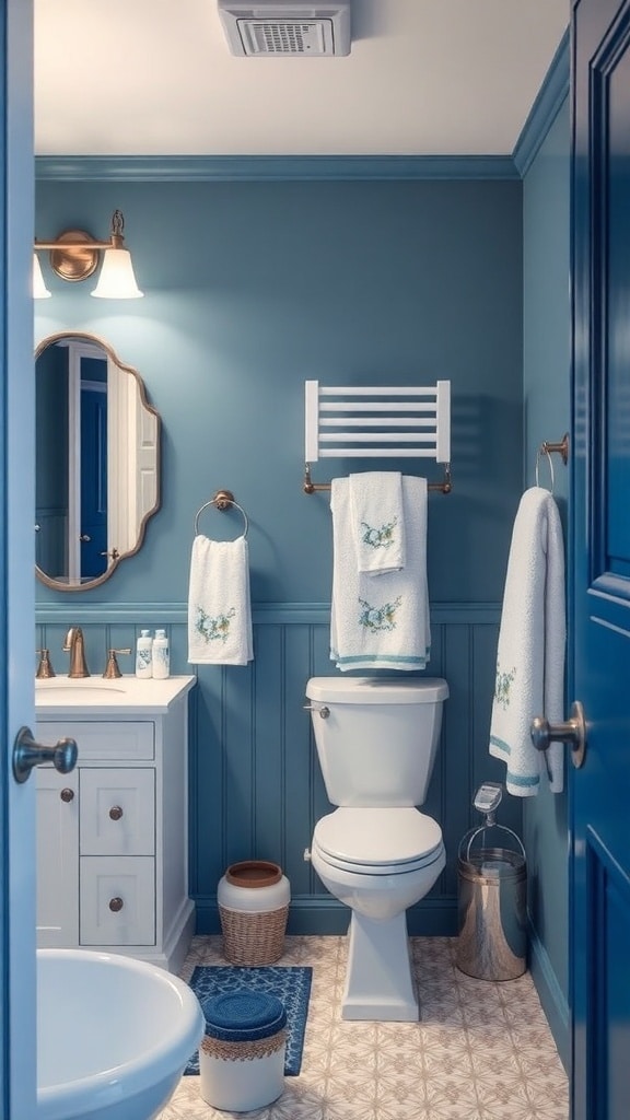 A cozy bathroom featuring blue walls, white fixtures, and elegant decor.