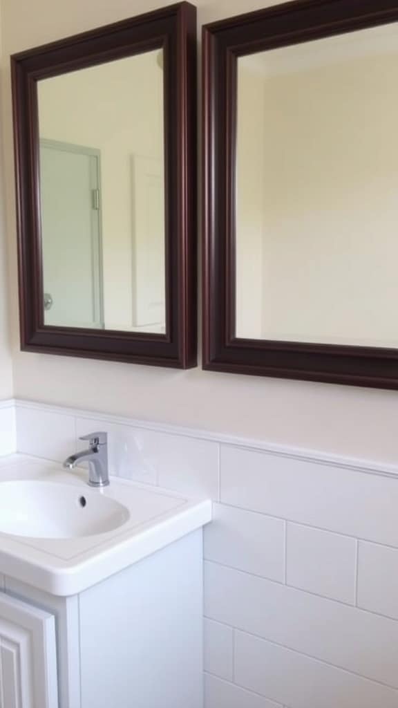 Two framed mirrors with chocolate frames above a white sink in a bathroom.
