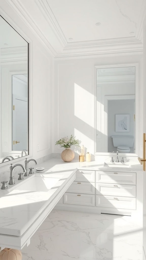 Bright white bathroom with marble accents and modern fixtures