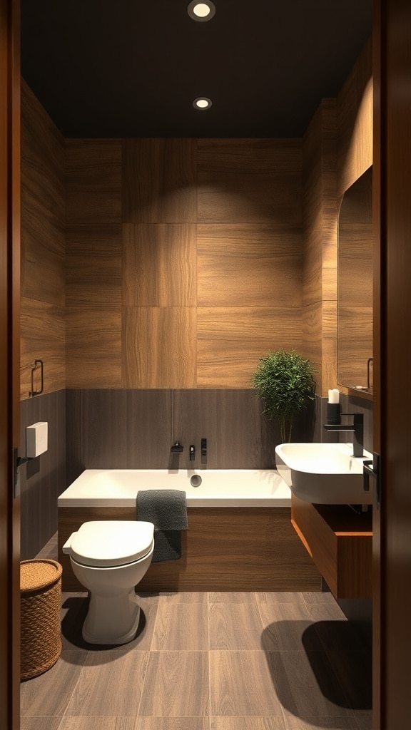 A modern bathroom featuring natural wood elements in chocolate tones, with a bathtub, toilet, and stylish fixtures.