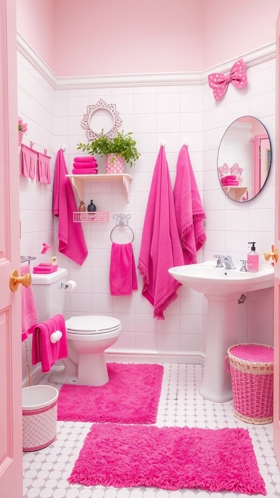A bright pink bathroom featuring pink towels, rugs, and accessories.