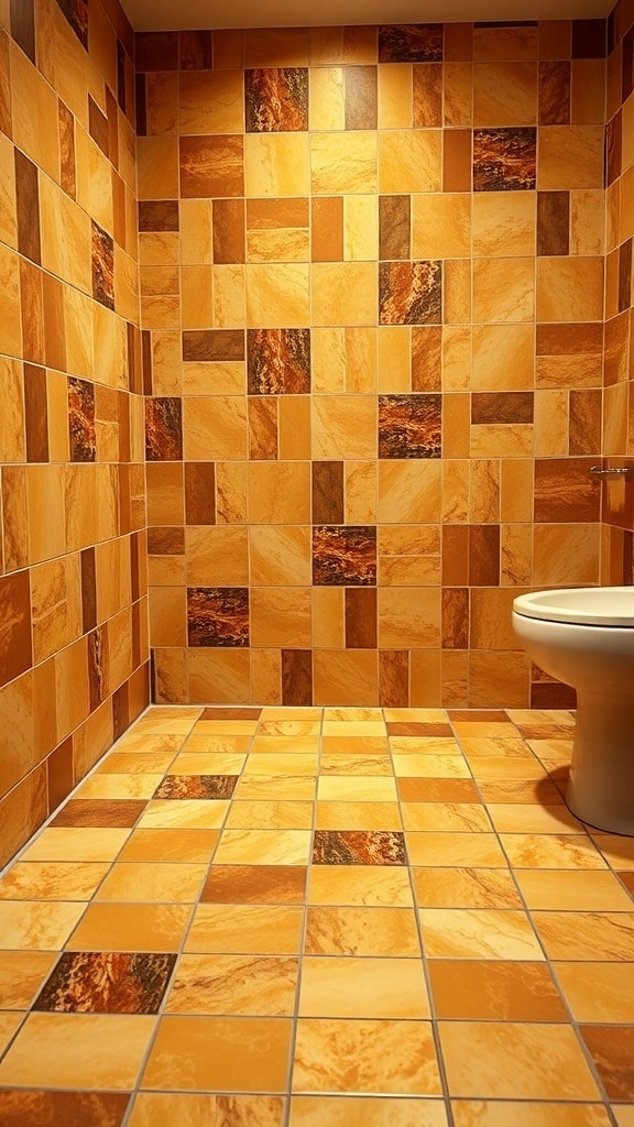 Bathroom with bold caramel tile patterns on walls and floor