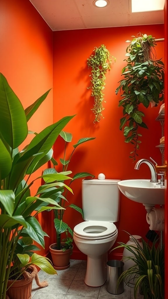 A small bathroom with rust orange walls and green plants, featuring a toilet and sink.