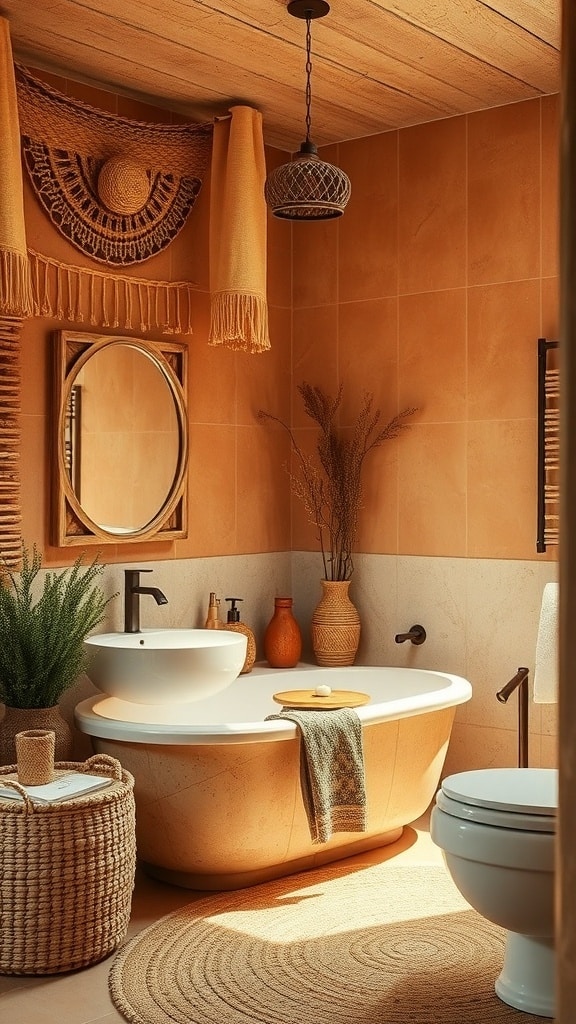 A boho bathroom featuring burnt sienna tiles, natural textures, and greenery.