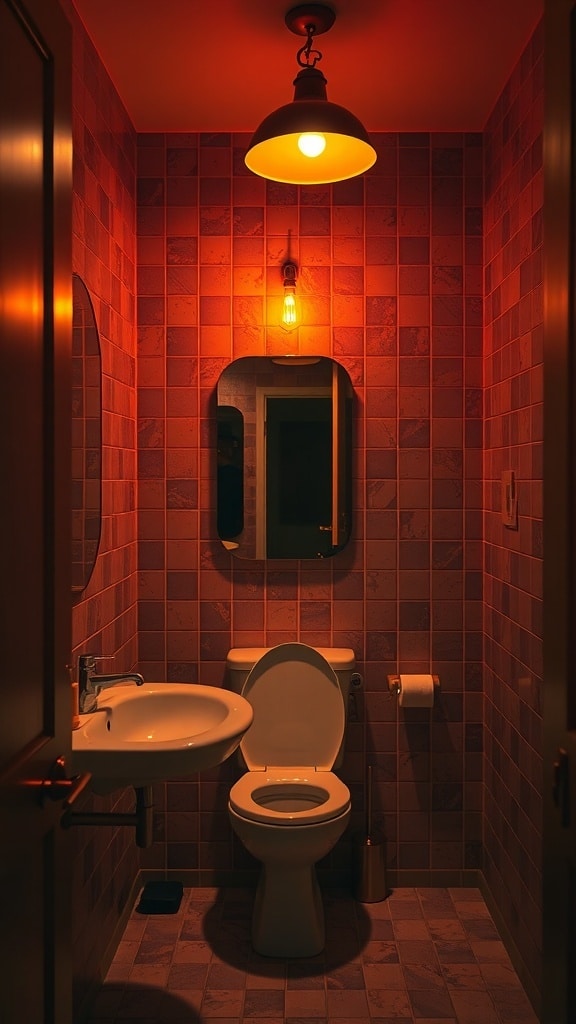 A small bathroom with rust orange walls and warm lighting fixtures.