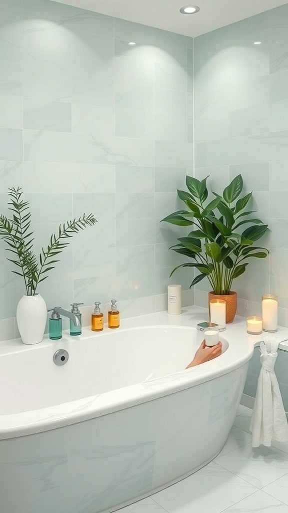 A serene bathroom with soft mint tiles, a white bathtub, candles, and plants, creating a calming atmosphere.