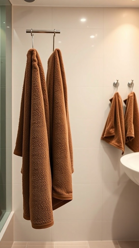 Chocolate brown towels hanging in a modern bathroom