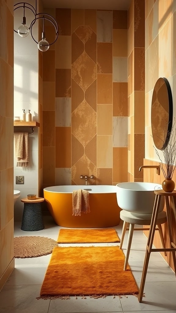 A moody ochre yellow bathroom featuring a bold yellow bathtub, textured wall tiles, and soft orange rugs.