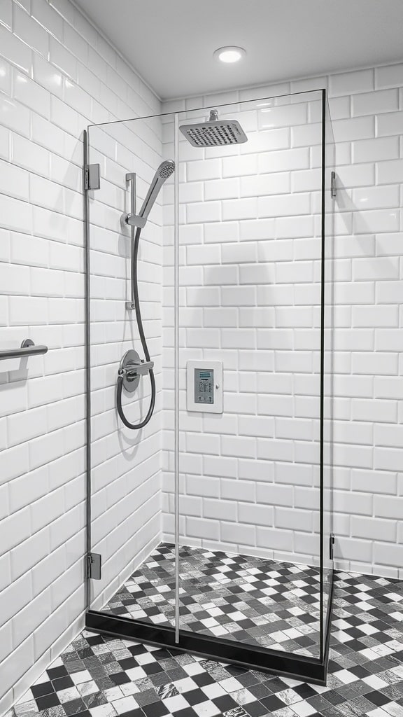 Modern black and white shower with glass enclosure and checkered floor