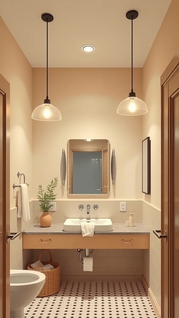 Mid-century bathroom with beige walls, pendant lighting, and modern fixtures