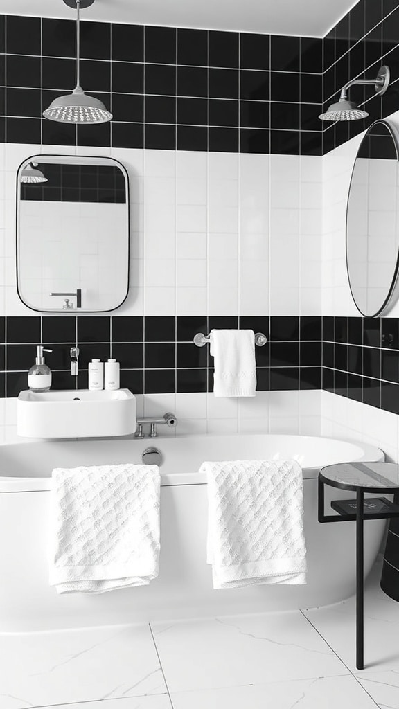A stylish black and white bathroom featuring a bathtub, towels, and modern accessories.
