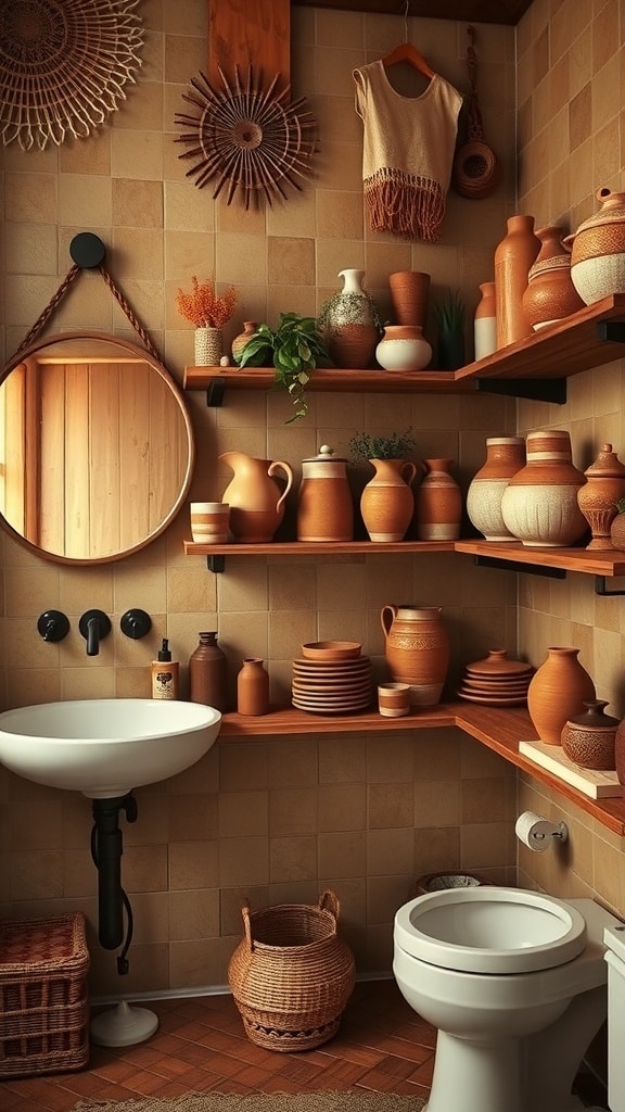 A boho bathroom featuring handcrafted ceramics and pottery in burnt sienna tones.