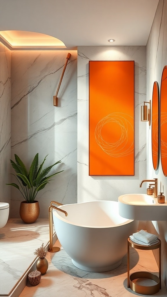 A modern bathroom featuring a bold orange artwork on the wall, complemented by marble walls and gold fixtures.