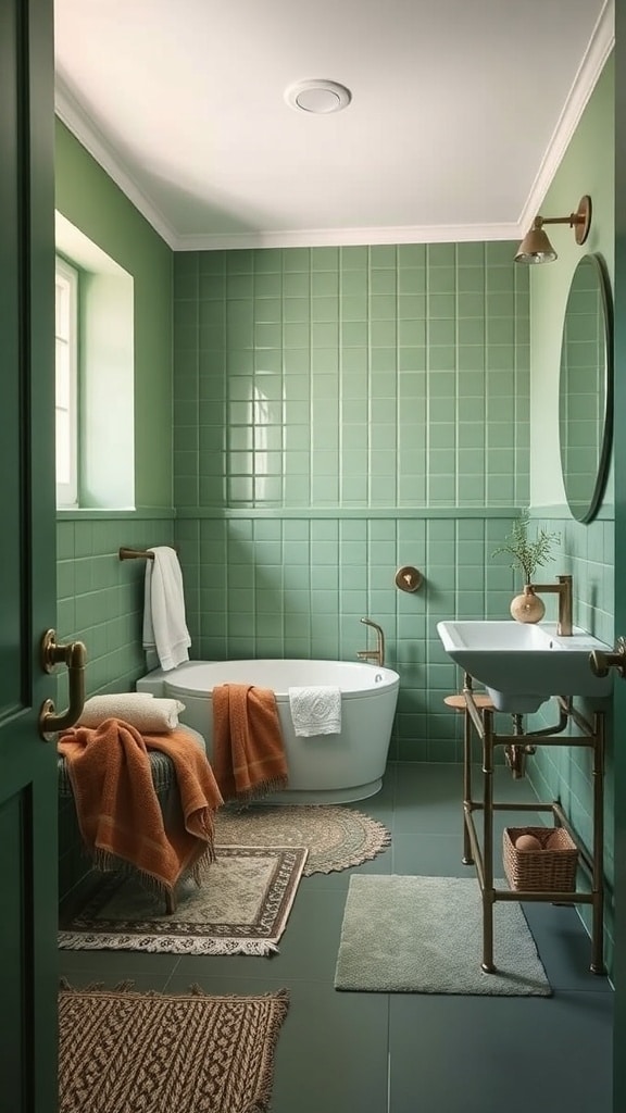 A cozy green bathroom featuring layered textiles, including towels and rugs, creating a warm and inviting atmosphere.