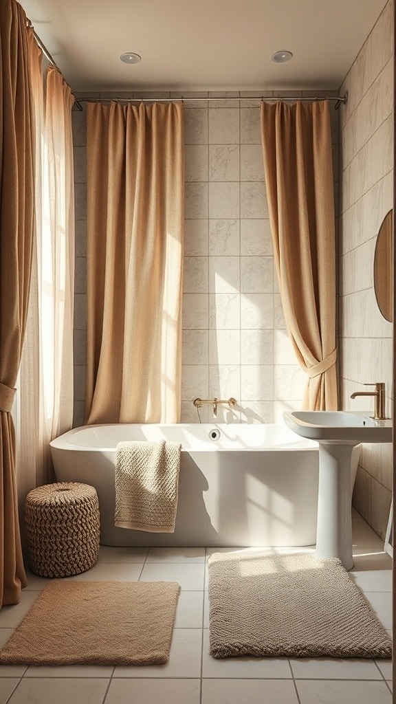 A stylish greige bathroom featuring warm textiles, including curtains, a pouf, and bath mats.
