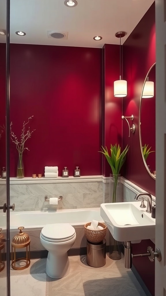 A bathroom featuring a burgundy accent wall, modern fixtures, and stylish decor.