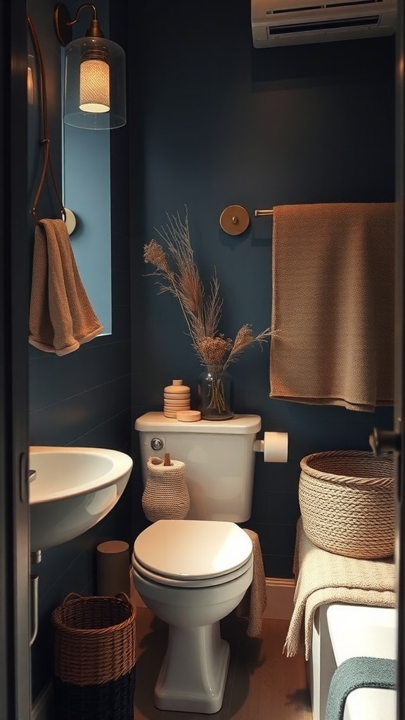 A small bathroom with slate blue walls, featuring warm textiles like towels and a woven basket.