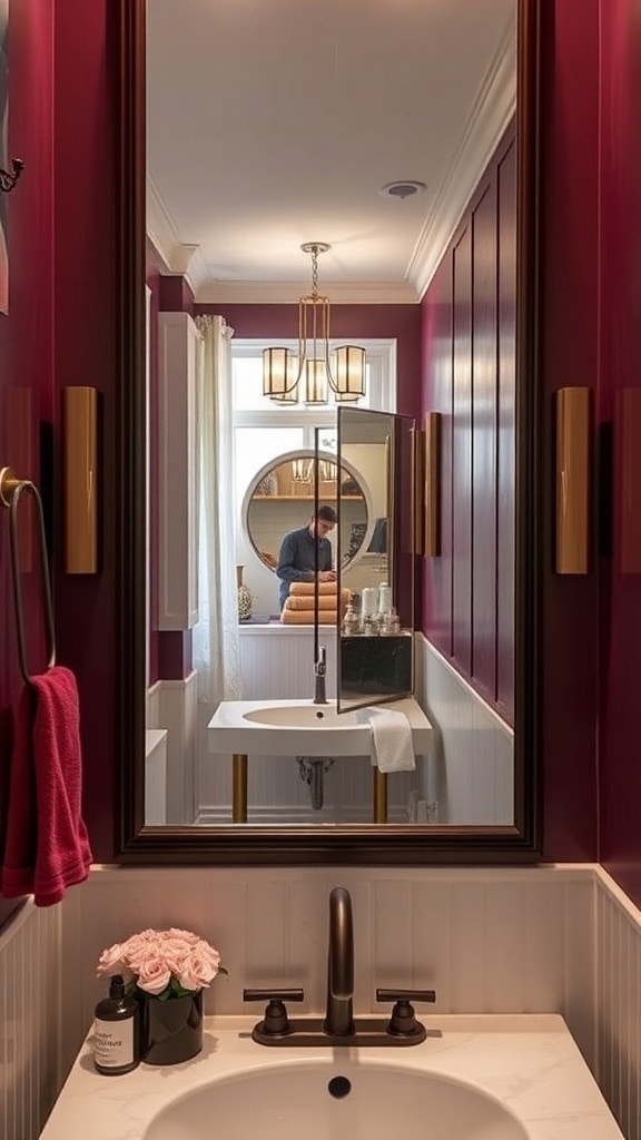 A burgundy bathroom featuring a dark wood-framed mirror, gold accents, and a stylish sink area.