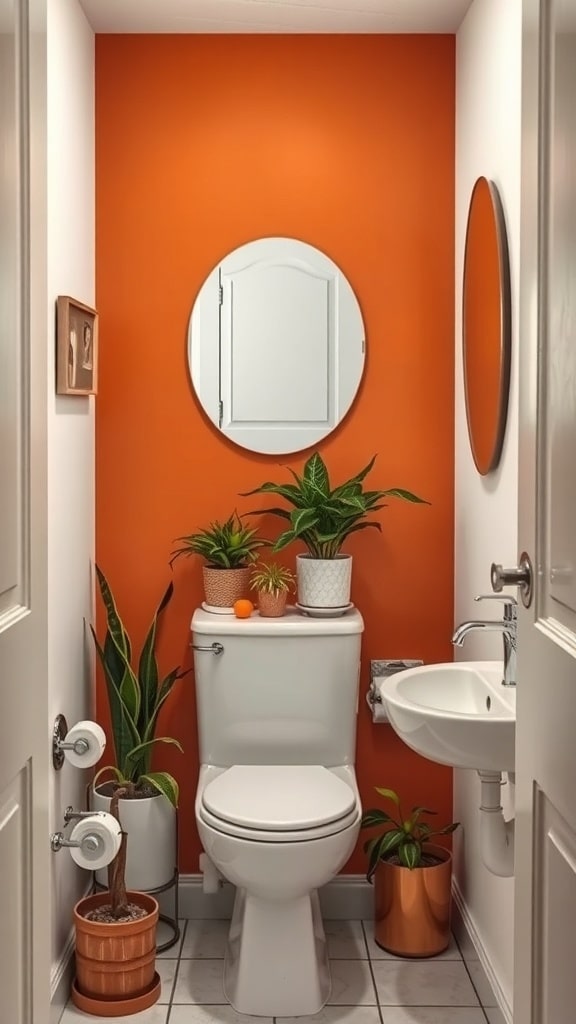 Small bathroom with rust orange accent wall, white fixtures, and plants