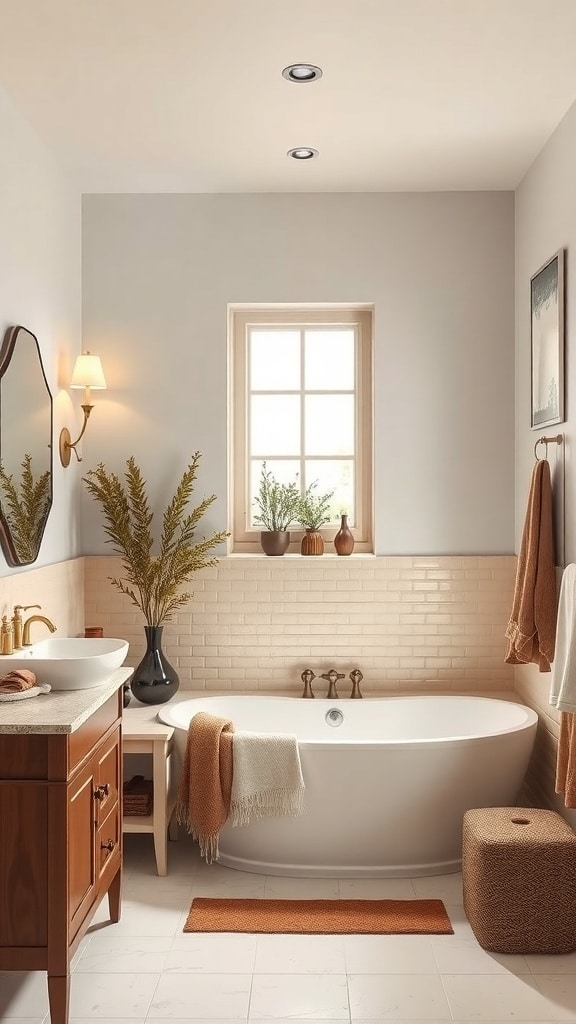 A neutral bathroom featuring chocolate highlights with a bathtub, wooden vanity, and plants.