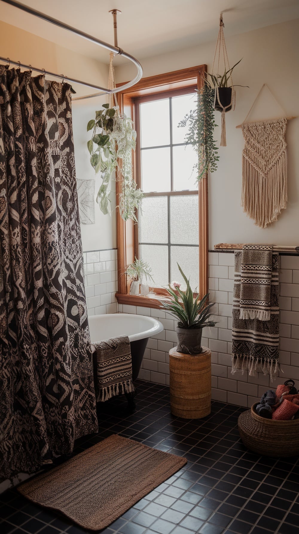 A black bathroom featuring layered textiles with patterned shower curtains, woven baskets, and a textured rug.