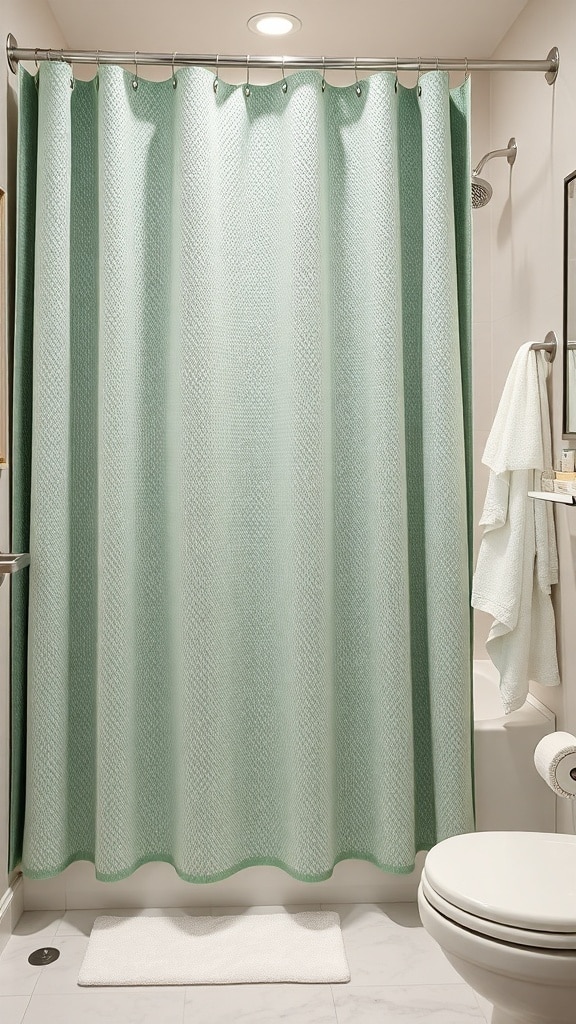 Textured sage green shower curtain in a modern bathroom setting