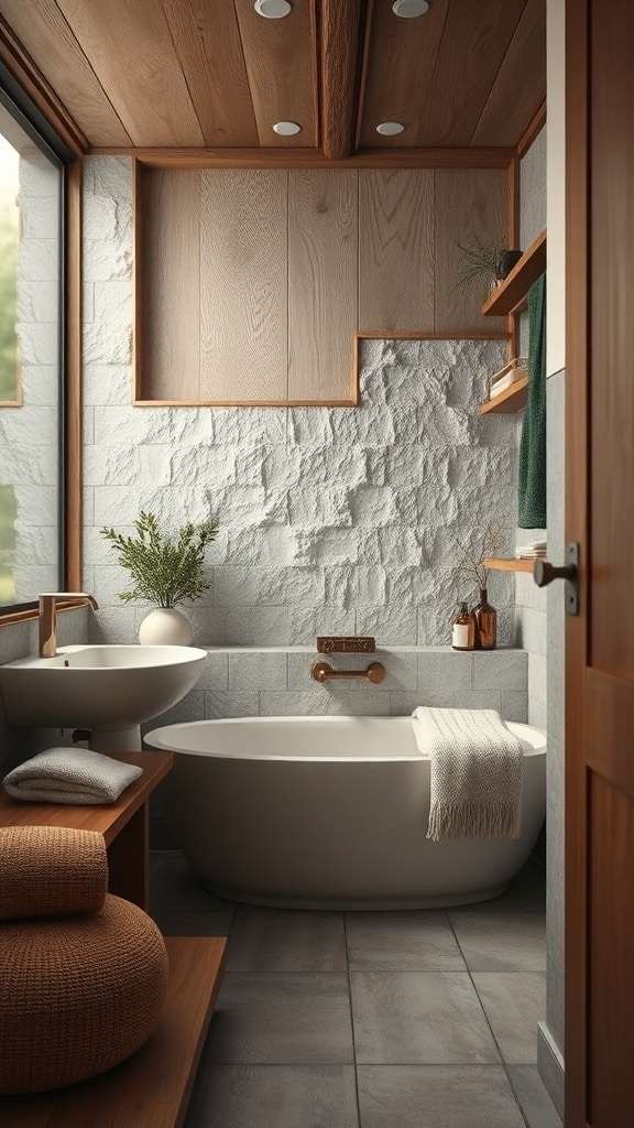 A cozy cream bathroom featuring textured wood and stone materials, a freestanding bathtub, and natural decor.