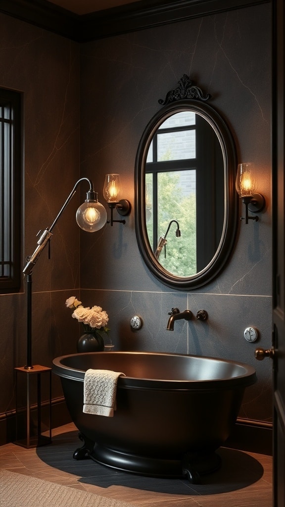 A bathroom with chocolate finish lighting fixtures, a round mirror, and a white sink.