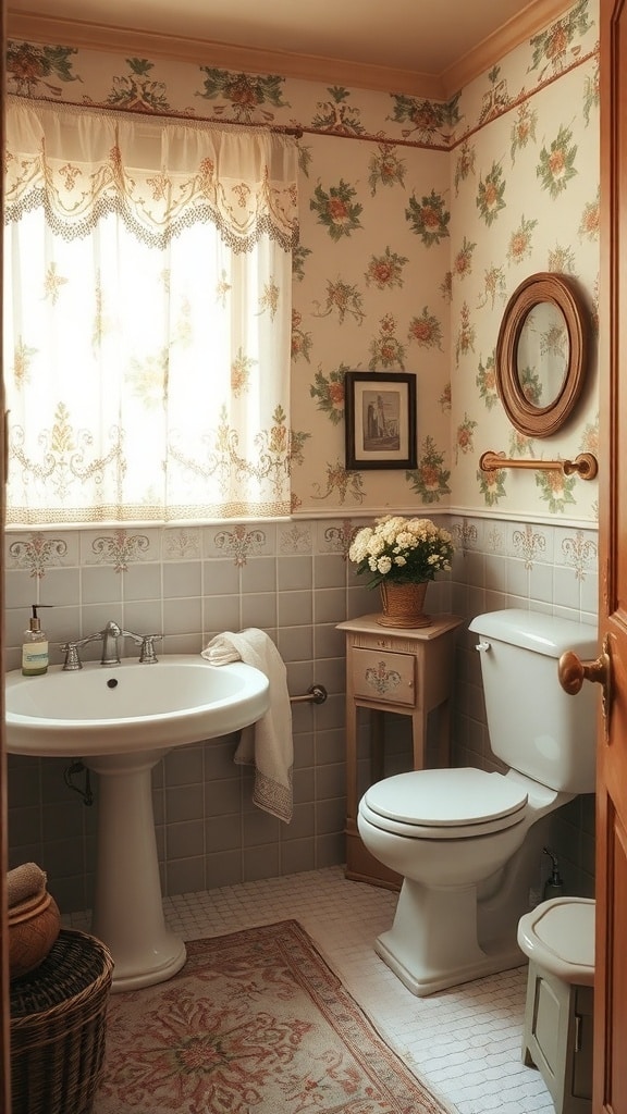 A vintage taupe bathroom featuring floral wallpaper, lace curtains, and a cozy arrangement.