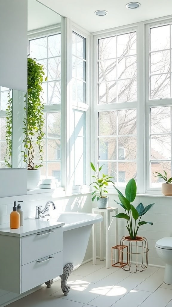 Bright bathroom with large windows, mint decor, and plants.