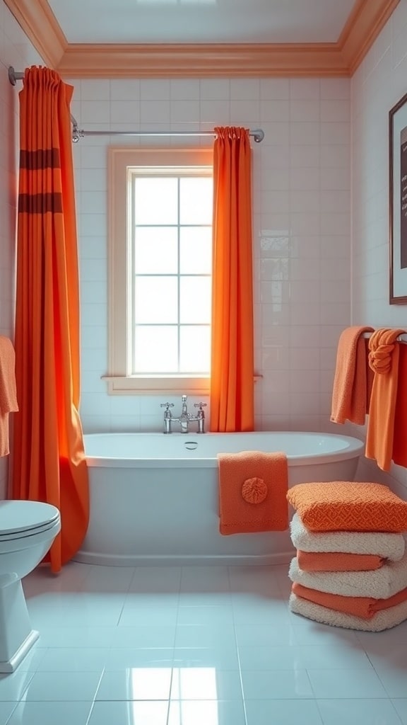 A bright orange bathroom featuring shower curtains, towels, and linens in various shades of orange.