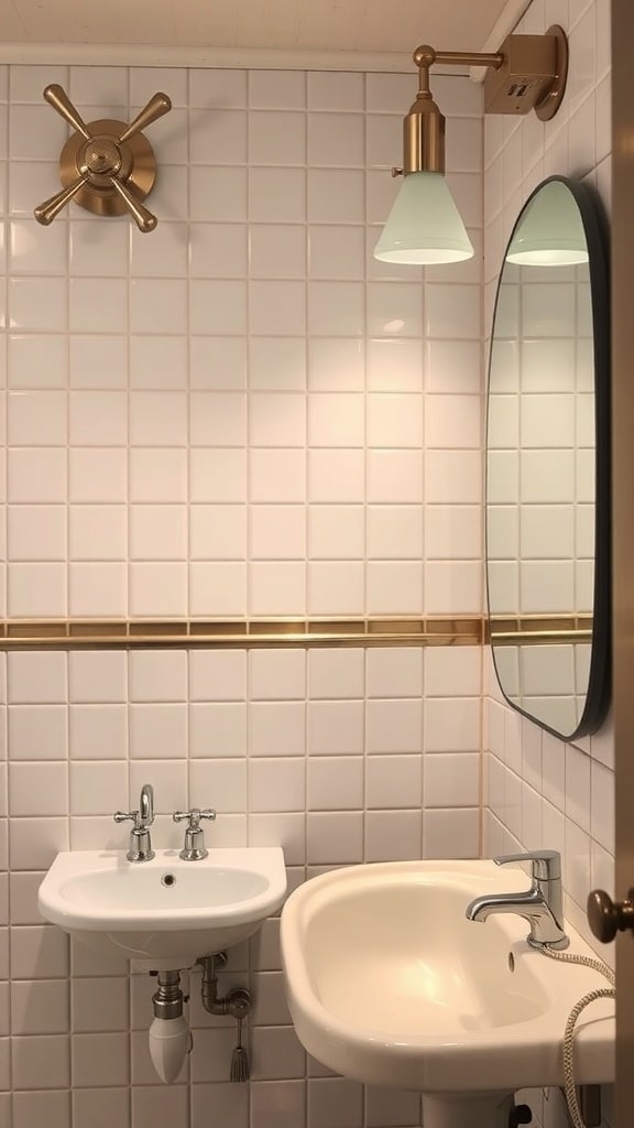 A mid-century beige bathroom featuring vintage-inspired fixtures, including a wall-mounted light, round mirror, and unique sink design.
