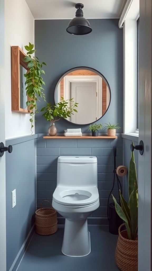 A small bathroom featuring slate blue walls, a round mirror, plants, and wooden accents.