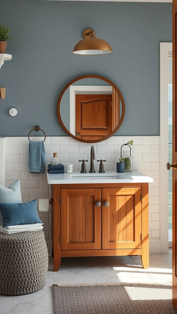 A wooden vanity in a blue bathroom with a round mirror and stylish accessories.
