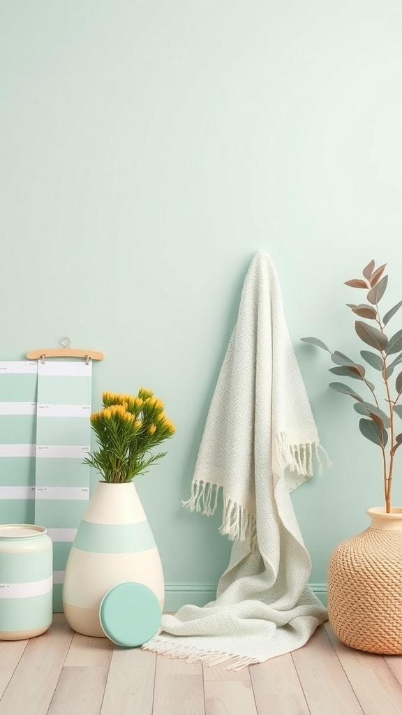 A soft mint bathroom setup with striped vases, a blanket, and flowers.