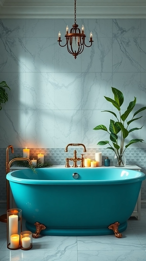 A luxurious teal bathtub surrounded by candles and a plant in a marble bathroom.
