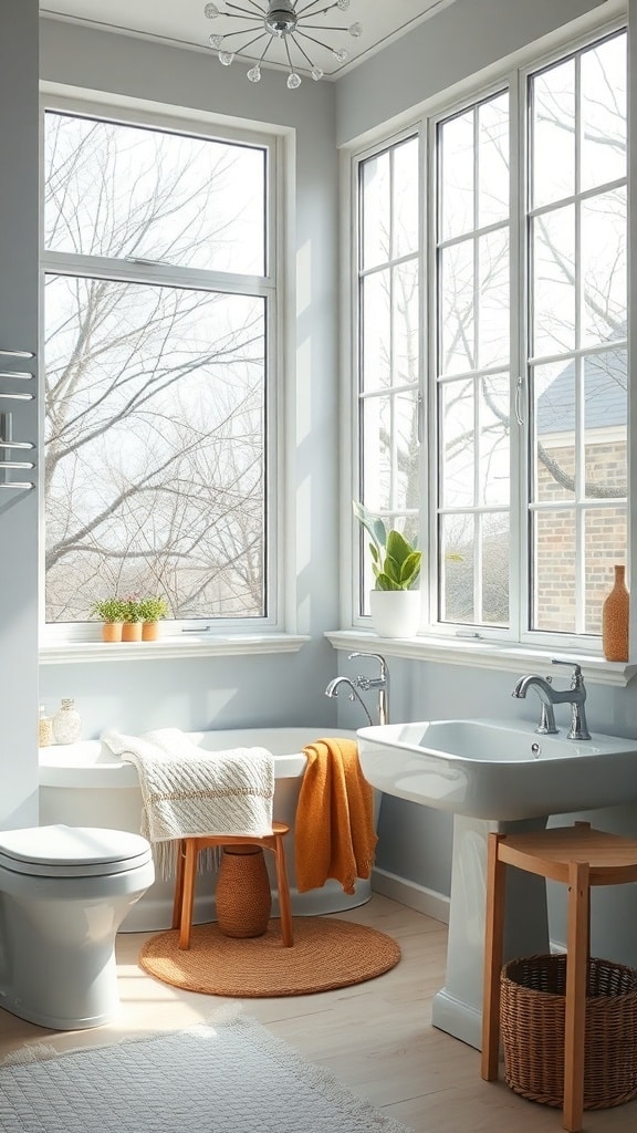 Bright bathroom with large windows, dusty blue walls, and natural decor.